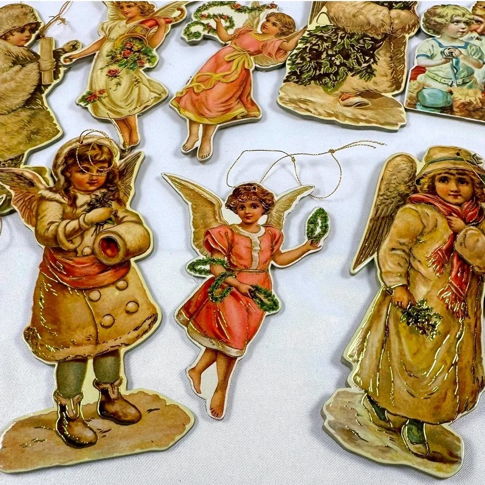Vintage 70s 80s Merrimack Victorian Style Paper Christmas Ornaments Set 9pc